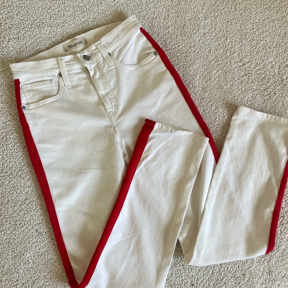 Madewell Slim Straight 25T‎ White retro Jeans with Red Accents stretch